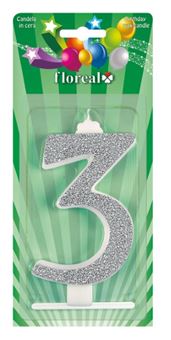 Picture of GIANT GLITTER NUMERAL CANDLE N.3 - SILVER 14CM